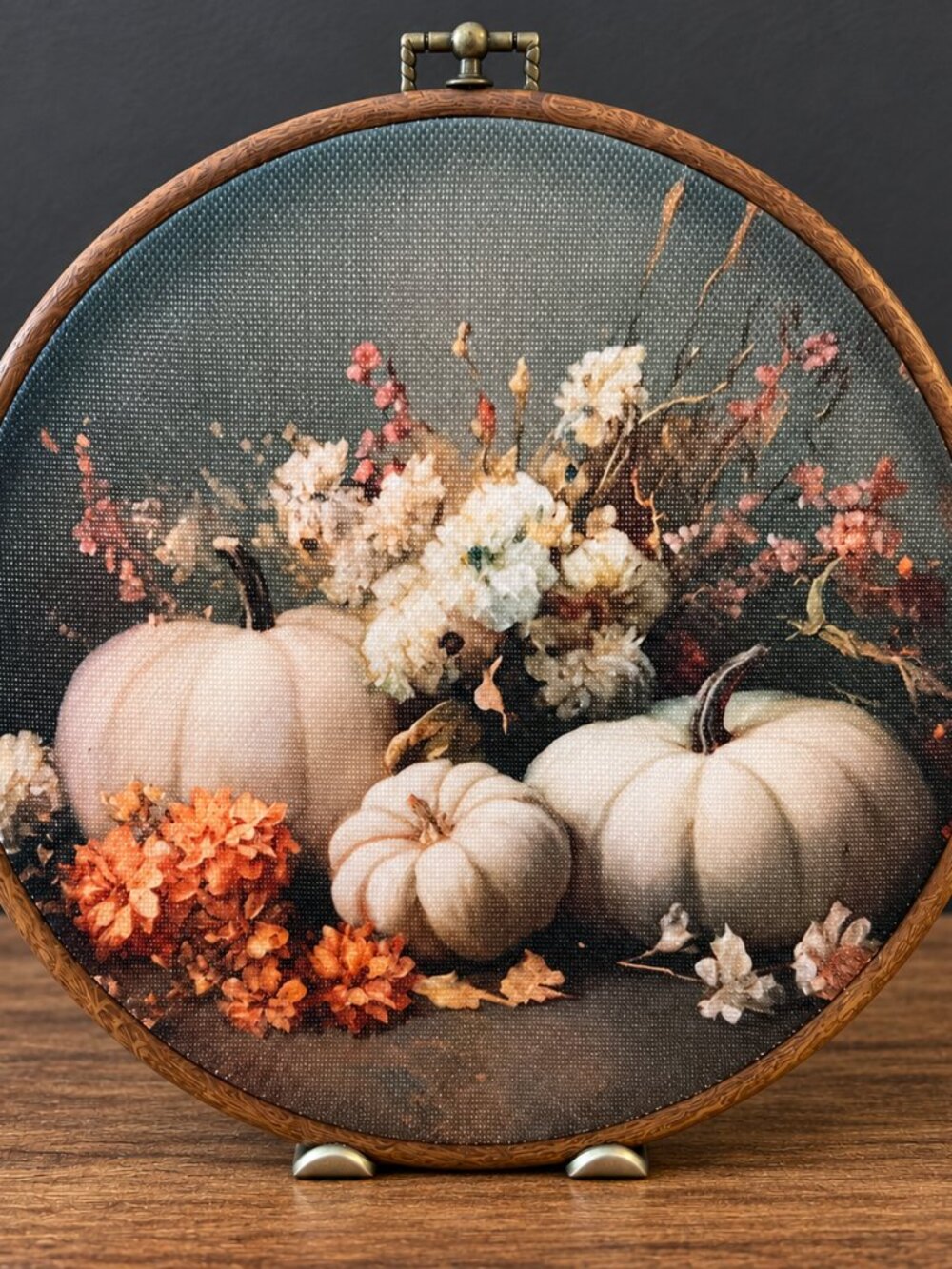 White Pumpkin Floral Round Fall Wall Decor 10" Farmhouse Harvest